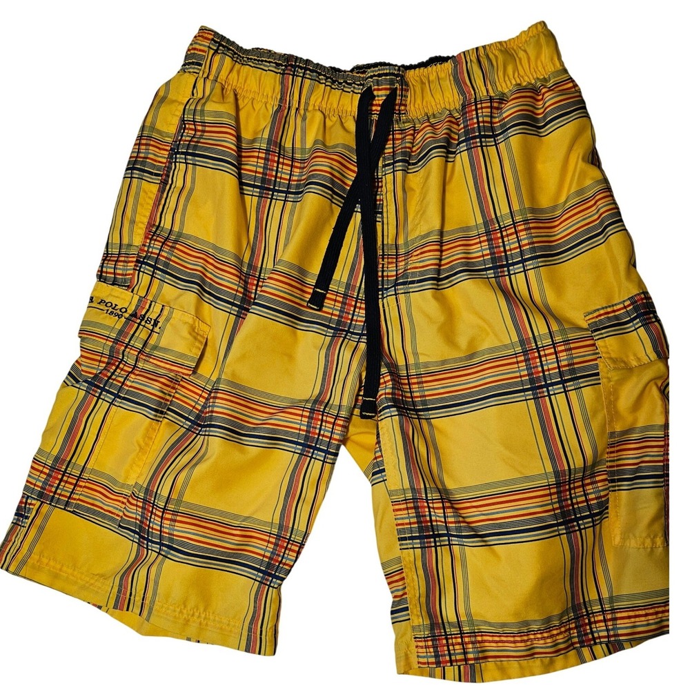 US Polo Assn Mens Yellow Plaid Swim Trunks Cargo Pocket Board Shorts Medium